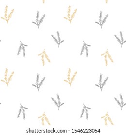 Seamless vector pattern of gold and gray eucalyptus branches on a transparent background.  Fabric pattern design. Hand-drawn floral print for elegant textile, packaging, paper, postcard

