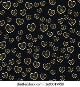 Seamless vector pattern with gold hearts on black background for Valentines Day.