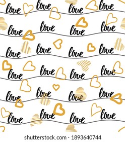 Seamless vector pattern gold hearts and word love on black striped background. Chaotic pattern gold hearts. Doodle style. Backdrop for valentines day or card love.