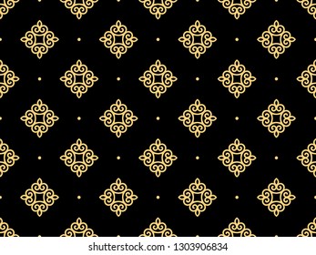 Seamless vector pattern. Gold pattern on black background. Ornament can be used for printing on packaging, fabric, wallpaper, tiles. Decorative texture for background.



