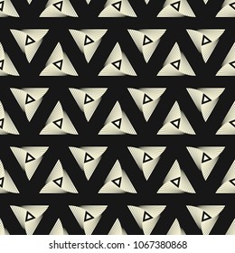 Seamless vector pattern from gold sacral triangles. Triangular geometrical sacred symbol. Secret symbol of geometry. Alchemy; religion; philosophy; astrology and spirituality. Vector color background.