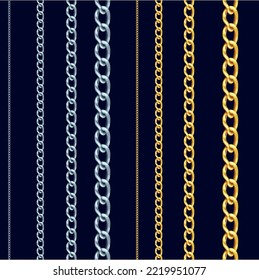 Seamless vector pattern with gold and silver chains of different sizes for dark blue background