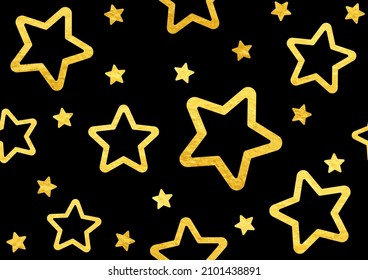 Seamless vector pattern with gold stars on the black background. Vector template for wrapping paper, flyers, cards, poster, banner. Gold paint and black. Ornament for fabric. Luxury backdrop.