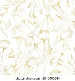 Seamless vector pattern with gold tulips outlined on white background