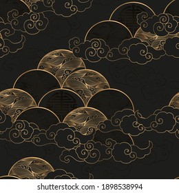 Seamless vector pattern with gold waves and clouds isolated on black background. Japanese traditional motifs illustration template for print, fabric, card, wallpaper