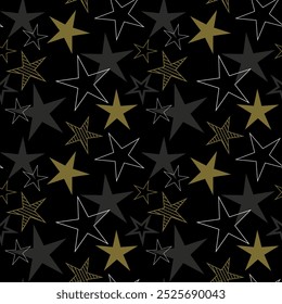 Seamless vector pattern with gold and white stars on black background, decorative design for packaging, wallpaper, textile printing.