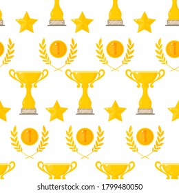 Seamless vector pattern with gold winner cup, first place sign and laurel leaves. Background with champion trophy. 