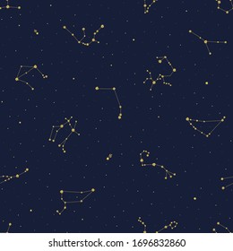 Seamless vector pattern with gold zodiacal constellations on blue background. Zodiac signs. Space background.