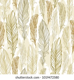 Seamless vector pattern with golden - beige  feathers on white background