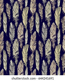 Seamless vector pattern with golden - beige feathers on dark blue background