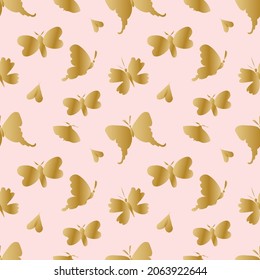 Seamless vector pattern with golden butterflies on a soft pink background.Repeating,summer,delicate hand drawn print in doodle style.Design for textile,fabric,wrapping paper,scrapbook paper,packaging.