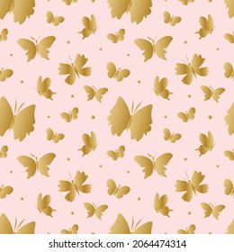 Seamless vector pattern with golden butterflies on a soft pink background.Repeating,summer,delicate hand drawn print in doodle style.Design for textile,fabric,wrapping paper,scrapbook paper,packaging.