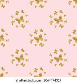 Patrón vectorial sin soldadura con mariposas doradas sobre un fondo suave de color rosa.Repetidor,verano,delicada impresión a mano en forma de doodle.Diseño para textiles,tela,papel de envoltura,papel de scrapbook,embalaje.