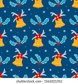 Seamless Vector Pattern of Golden Christmas Bell with Red Bow. Background of Hand Drawn Doodle Jingle Bells with Ribbon and Holly Berries and Leaves. Winter Holidays, Christmas and New Year Design