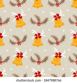 Seamless Vector Pattern of Golden Christmas Bell with Red Bow. Background of Hand Drawn Doodle Jingle Bells with Ribbon and Holly Berries and Leaves. Winter Holidays, Christmas and New Year Design