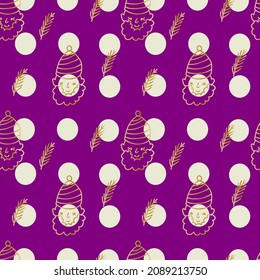 Seamless vector pattern with Golden Christmas illustrations on a Velvet Violet background.Winter,festive hand drawn doodle style print.Designs for textiles,wrapping paper,packages,scrapbooking paper.