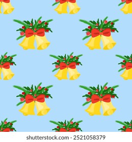 Seamless vector pattern with golden Christmas bells, pine branches, and cranberry berries on a light blue background. Ideal for festive designs, wrapping paper, and seasonal decor.