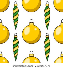 Seamless vector pattern of golden Christmas balls and green-gold spiral ornaments, perfect for festive winter designs and holiday backgrounds.