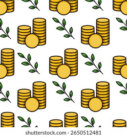 Padrão de vetor contínuo de moedas de ouro pilhas e folhas verdes, ilustrando o crescimento financeiro e o conceito de prosperidade.