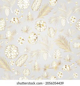 Seamless vector pattern with golden cones on a light gray background.