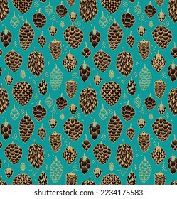 Seamless vector pattern with golden conifer, pine cones on green-turquoise  background
