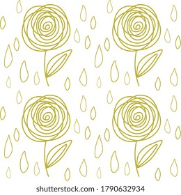 Seamless vector pattern with golden contour roses and droplets on a white background, handmade, artistic. Cute illustration for greeting cards decoration. Stmple floral design. 