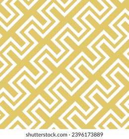 Seamless vector pattern with golden diagonal meander design on white background. Abstract geometric ornament, texture for retro 1960s and 1970s inspired style. Repeat designs for decor, wallpaper