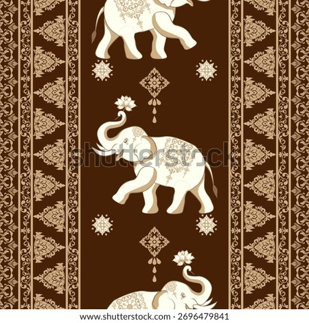 Seamless vector pattern of golden elephants holding lotus flowers with elegant and delicate composition for textile design, print design, wallpaper and packaging design.