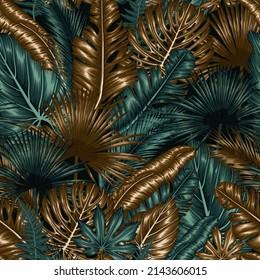 Seamless vector pattern with golden and emerald tropical plants. Exotic palm and banana leaves, aralia, monstera, fern, elephant ear leaf