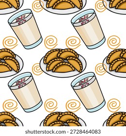 Patrón de Vector sin fisuras de empanadas doradas y bebidas cremosas con remolinos decorativos
