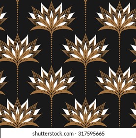 Seamless vector pattern with golden floral ornament on dark grey solid color background. Gorgeous texture. Easy-to-edit, without gradient. 