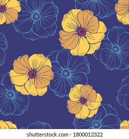 Seamless vector pattern with golden flowers, dark blue background