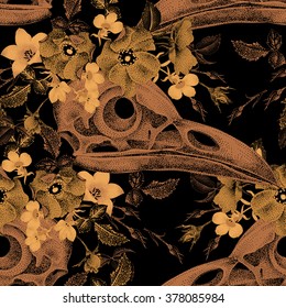 Seamless vector pattern of golden flowers and birds skulls on a black background. Garden flowers rose, bell. Illustration in the oriental style of flowers. Vintage.