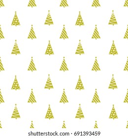 Seamless vector pattern golden geometric Christmas tree silhouettes stripes ornaments snow flakes baubles on white background, gift wrapping paper, fabric, quilting
