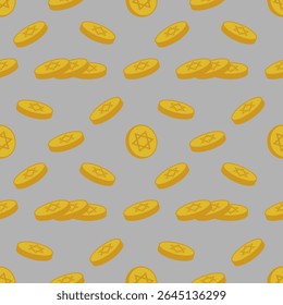 Seamless vector pattern of golden Hanukkah gelt coins with Star of David, playfully scattered on a grey background, ideal for festive design.