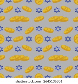 Seamless vector pattern of golden Hanukkah gelt coins and blue Star of David, perfect for festive backgrounds and holiday designs.