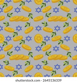 Padrão de vetor sem costura com gelt de Chanucá dourado, Estrela azul de David, e ramos de azeitona em um fundo cinza, perfeito para projetos de feriados festivos.