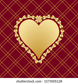 Seamless vector pattern with golden heart and  bows. Squared red background on separated layer. 