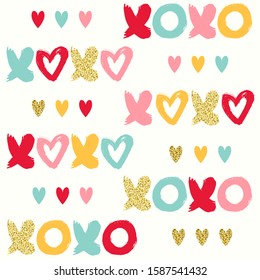 Seamless vector pattern with golden hearts and word XOXO. Hipster background.