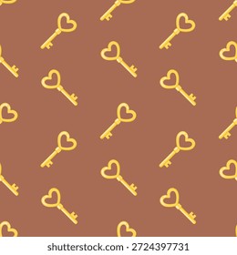Patrón de Vector sin fisuras con llaves doradas en forma de corazón sobre un fondo marrón. Adorno romántico elegante para el papel de regalo del día de San Valentín, impresión textil de lujo y concepto de amor misterioso.