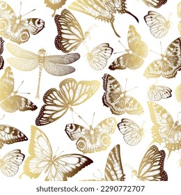 Seamless vector pattern golden insects. Monarch butterfly, hive butterfly, peacock butterfly, butterfly swallowtail, pieridae, butterflies admiral, podalirius, papilio, dragonfly  in engraving style