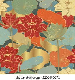 Seamless vector pattern with golden lotus leaves and flowers. Line art style.
