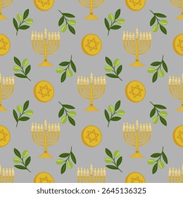 Padrão vetorial contínuo de menorás dourados, ramos de azeitona e moedas de Estrela de Davi, ideal para Hanukah ou desenhos de feriados judeus.