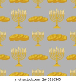 Seamless vector pattern of golden menorahs with lit candles and stacks of Hanukkah gelt coins on a gray background, ideal for festive holiday designs.