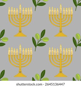 Seamless vector pattern of golden menorahs with burning candles and olive branches on a gray background, perfect for Hanukkah celebrations.