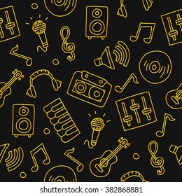 Seamless vector pattern of golden music icons on a black background.