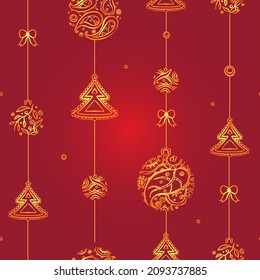 Seamless vector pattern - Golden New Year balls - Boho style doodles - outlines.  Red background.