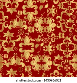Seamless vector pattern with golden ornament on red background