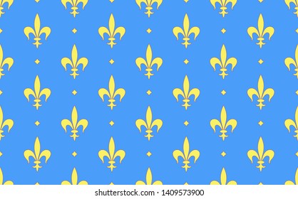 Seamless vector pattern with golden Royal lilies on a blue background. Decorative ornament for printing on greeting cards, invitations, wallpaper, fabric, ceramic tiles, packaging. Background design
