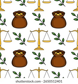 Padrão vetorial contínuo com escalas douradas de justiça, sacos de moedas de ouro e folhas verdes, simbolizando lei, riqueza e prosperidade.